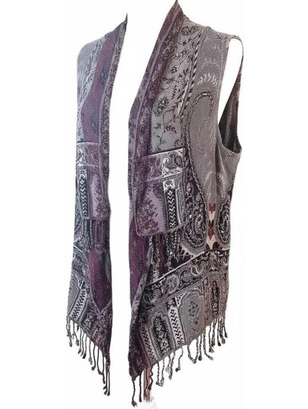 ANU Paisley Tapestry Fringe Duster Vest Small Boho Art to Wear Whimsy Goth